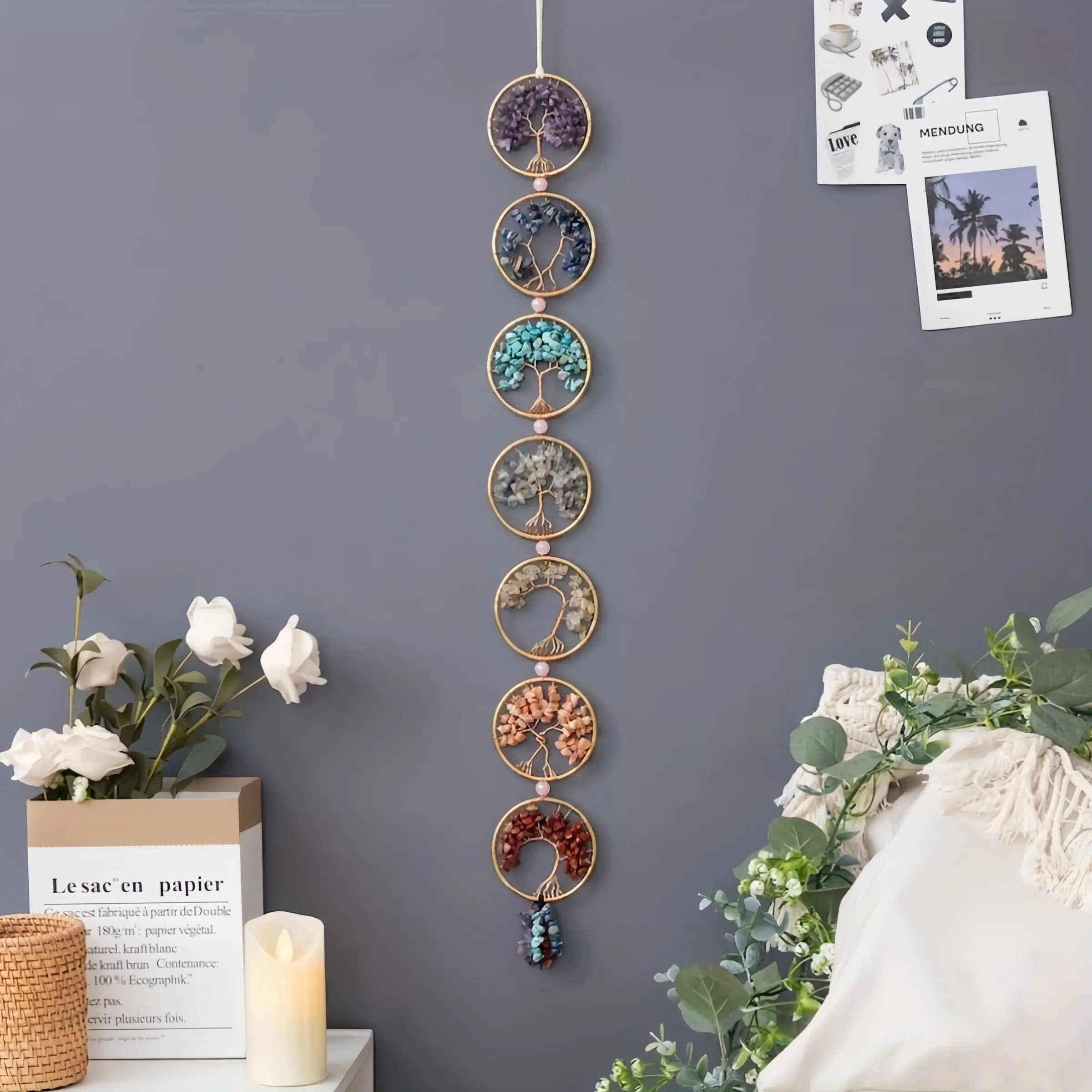 Seven Chakra Crystal Life Tree Pendant, Spiritual Crystal Gem Dream Catcher, Yoga Meditation Window Decor, Home Decoration, Home Decor Items, Hangable Room Decor, Boho Decoration