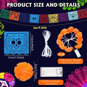 49pcs Dia De Los Muertos Decorations Set Muertos Ofrenda Altar Wooden Shadow Box Day of the Dead Banners Marigold Heads Papel Picado Butterfly Hanging for Remembrance Picture Frame Supplies