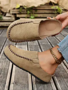 New Women's Doudou Shoes, Matte Leather Soft Sole, Comfortable Casual Slip-On Sneakers, All Season Textile Upper, Rubber Sole, Casual Fashion Shoes
