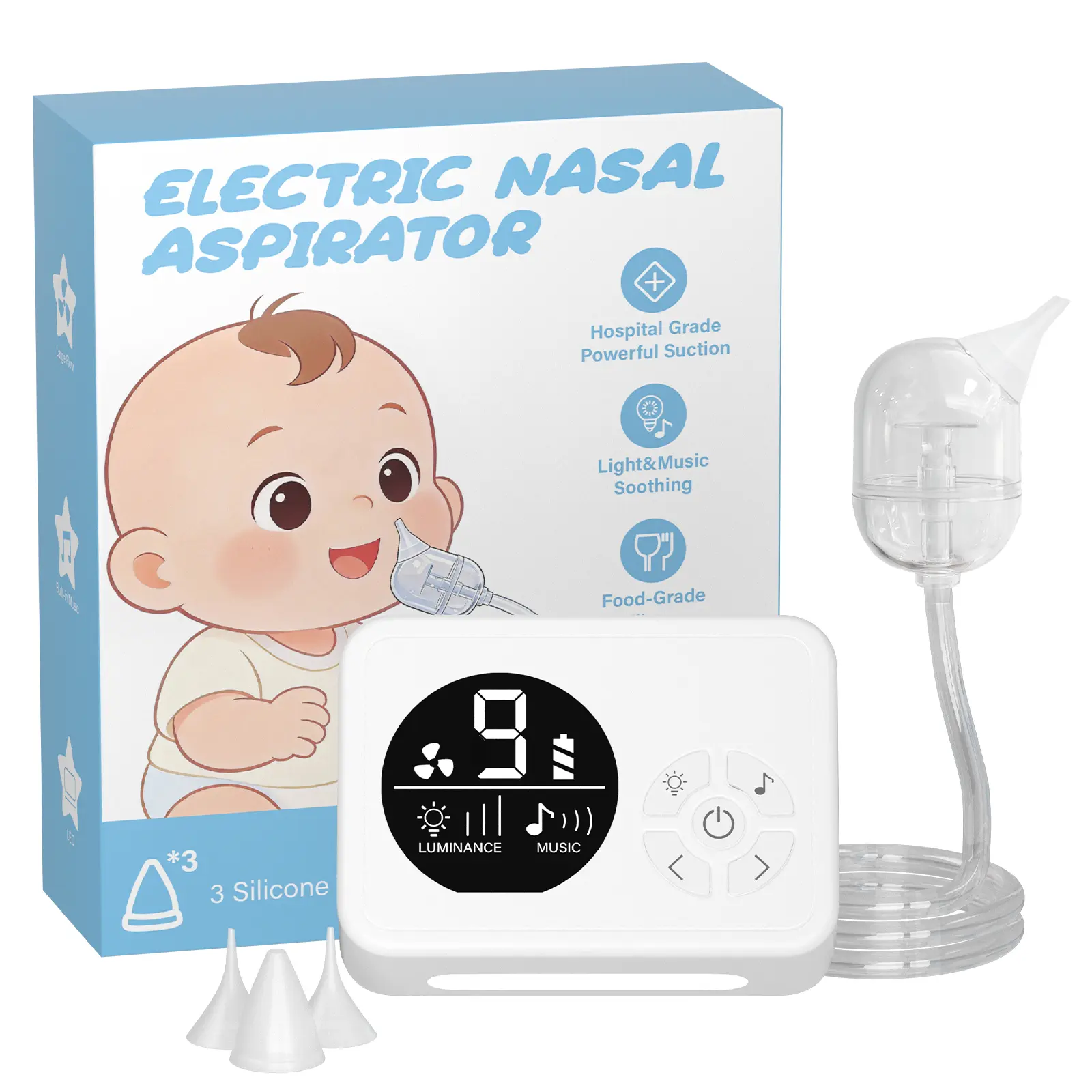 Momiie Electric Nasal Aspirator for Baby & Infant - Adjustable Suction, Soft Light, Anti-Clog Cup, Lullabies, Digital Control, Gentle Silicone Tip for Easy Midnight Nasal Cleaning