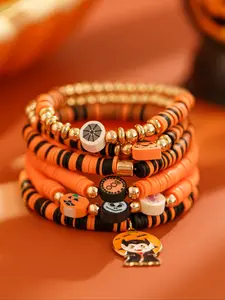 6 Piece Vintage Halloween Pumpkin Ghost Colorful Soft Clay Bead Bracelet Set, Stackable Bracelet, Festive Party Jewelry Gift for Fun Celebrations, Modern Fashion Accessories