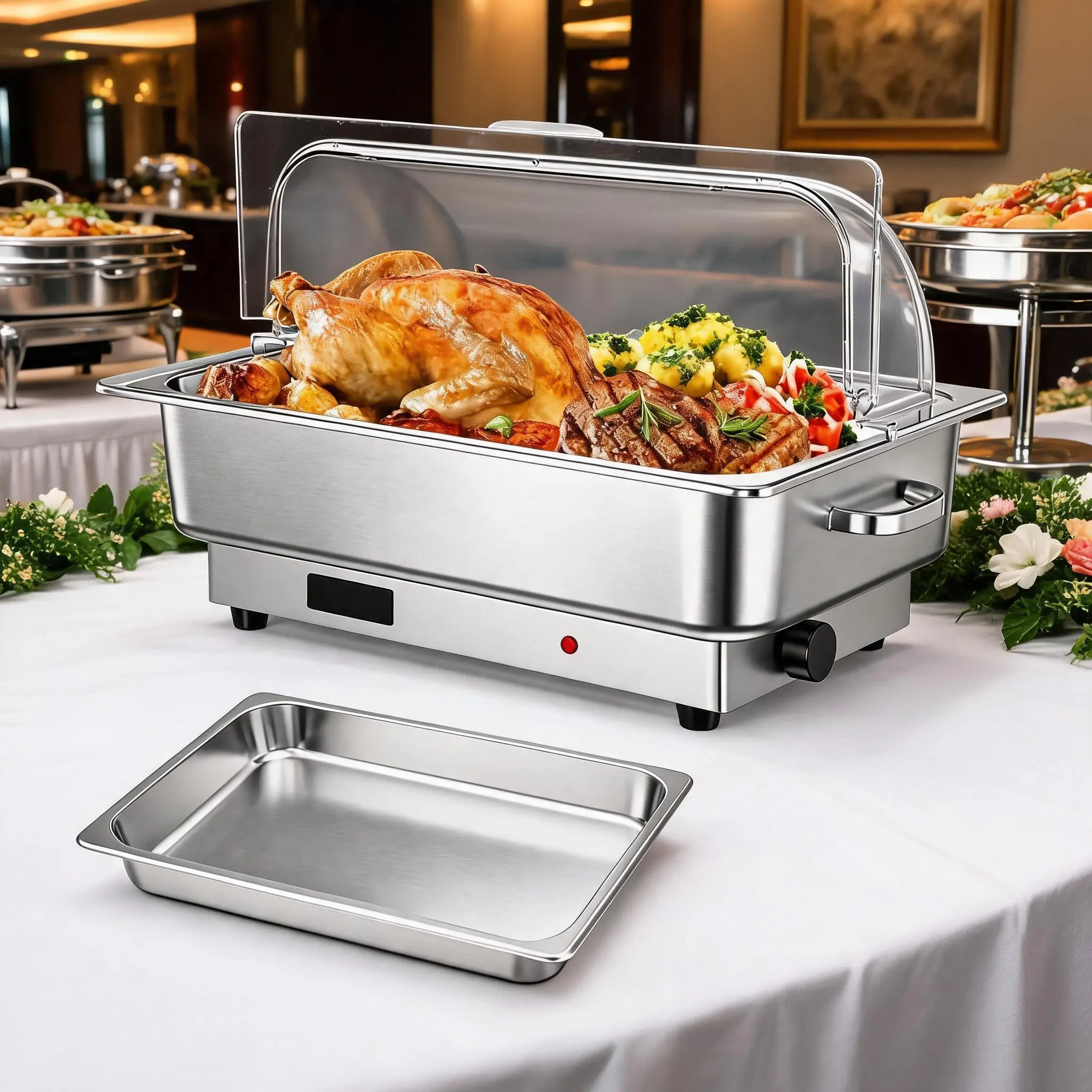 9QT Electric Chafing Dish Buffet Server, Stainless Steel Food Warmer with 400W Adjustable Temperature, Digital Display, Clear Roll Top Lid 1 Full-Size Pan& 2 Half-Size Food Pans for Parties, Buffets