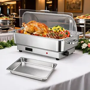 9QT Electric Chafing Dish Buffet Server, Stainless Steel Food Warmer with 400W Adjustable Temperature, Digital Display, Clear Roll Top Lid 1 Full-Size Pan& 2 Half-Size Food Pans for Parties, Buffets