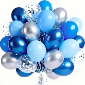 Blue and Silver Balloons 66pcs 12 Inch Light Pastel Baby Metallic Pearl Blue Metallic Chrome Silver Confetti Balloons for Gender Reveal Wedding Baby Shower Birthday Party Decorations