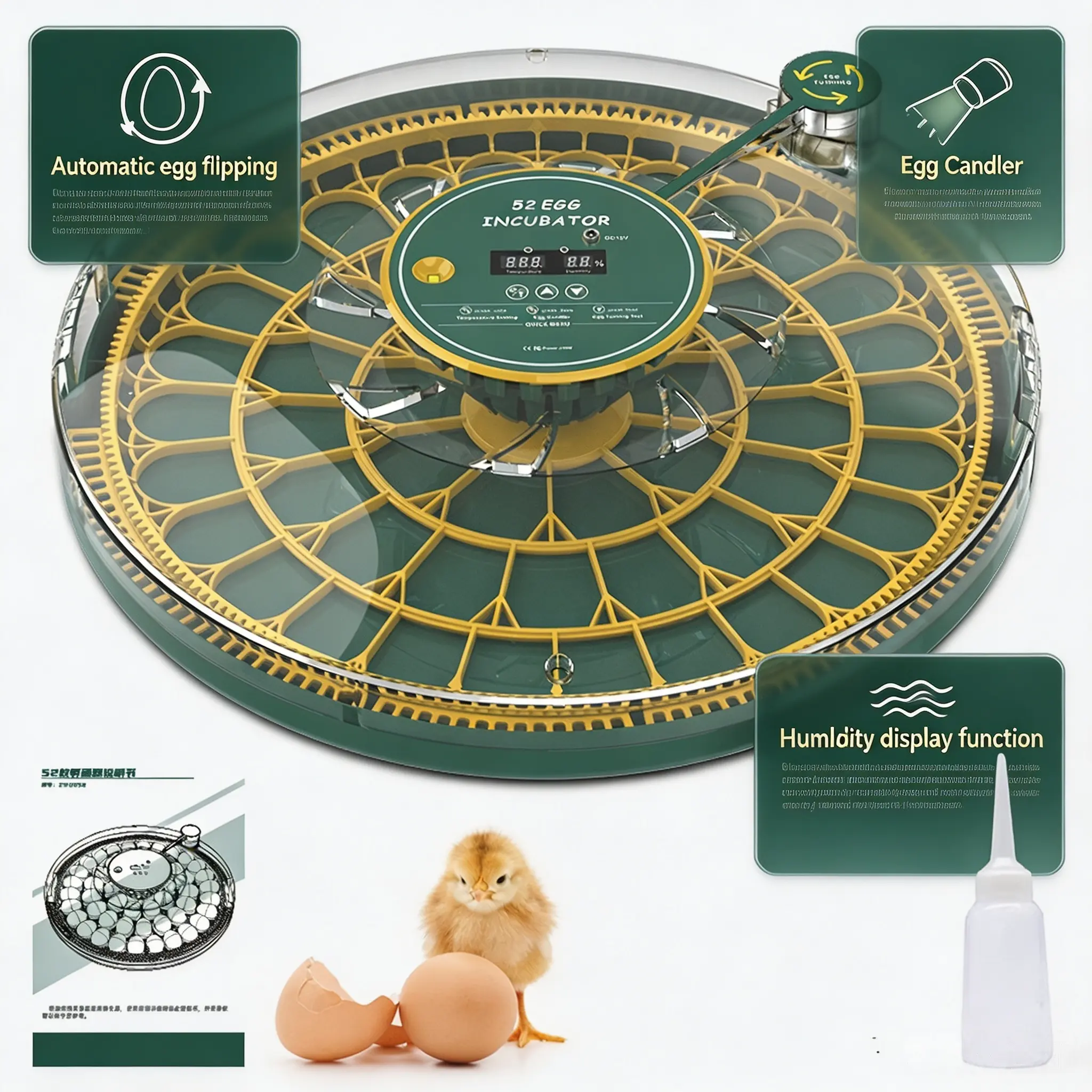 52 Egg Incubator with Automatic Turner, Digital Temperature and Humidity Display, and Built-in Egg Candler for Hatching Chickens, Quail, and Ducks