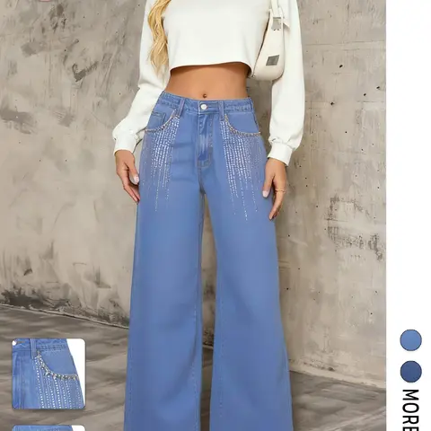 Flvsun Women's High Waisted Cotton Denim Jeans - Button Fly, Rhinestones, Sequins, 90s Relaxed Fit Style, Baggy Trousers Style, Loose Fit, 2000s Streetwear, Cold-Wash Denim Gives Lived-In Charm, Basic Casual Year-Round Wear