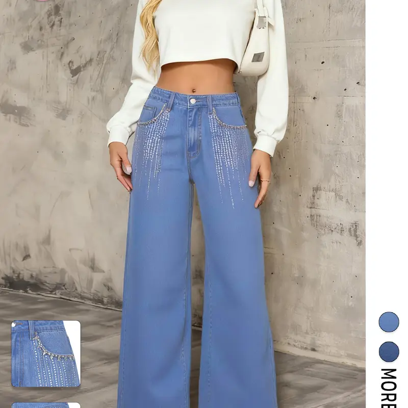 Flvsun Women's High Waisted Cotton Denim Jeans - Button Fly, Rhinestones, Sequins, 90s Relaxed Fit Style, Baggy Trousers Style, Loose Fit, 2000s Streetwear, Cold-Wash Denim Gives Lived-In Charm, Basic Casual Year-Round Wear