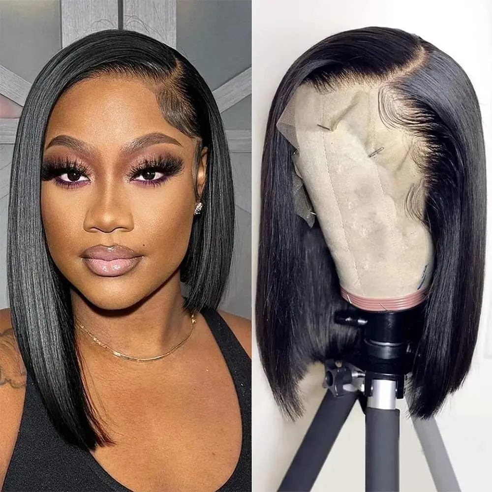GK 13x4 Lace Front Bob Wigs Human Hair 150 Density HD Transparent Lace Bob Wig for Women 14 inch Short Straight Bob Lace Frontal Wigs Glueless Pre Plucked With Baby Hair Straight Bob Wig Natural Color