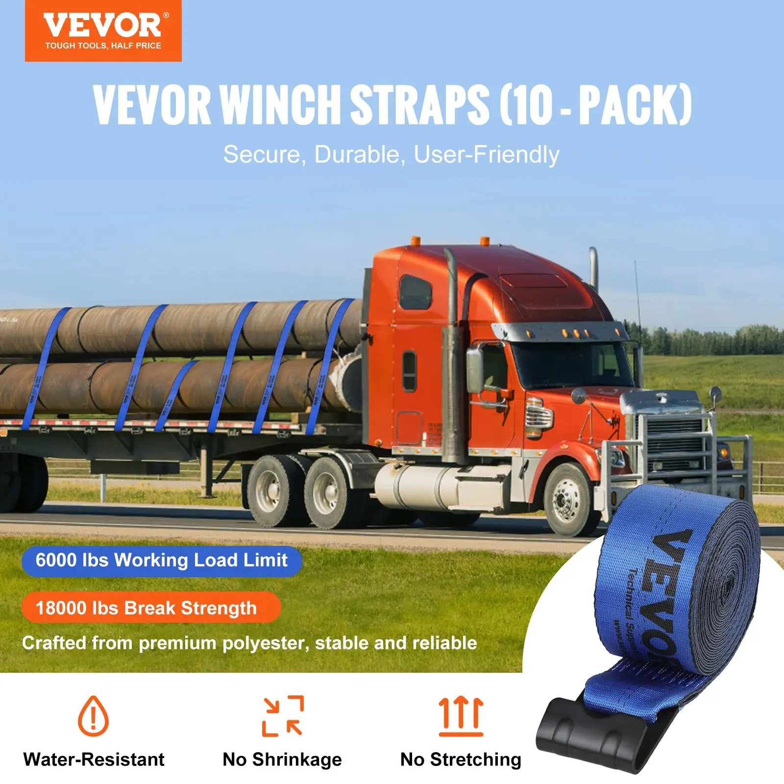 【summerfinds】VEVOR Heavy Duty Synthetic Winch Rope Straps, 4"x30', 6000lb Load Capacity, 18000lbs Breaking Strength, Flat Hooks Flatbed Tie Downs for Pickup Trucks-Trailers, 10 Pack Blue - Tree Removal Vehicle Towing Cargo Hauling Gift