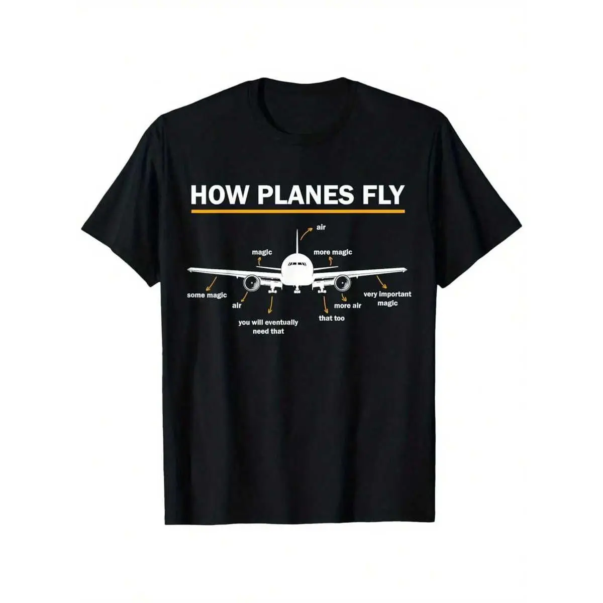 Men's Funny 'How Planes Fly' Graphic T-Shirt, Casual Relaxed Fit 100% Cotton Short Sleeve Top for Aviation Fans