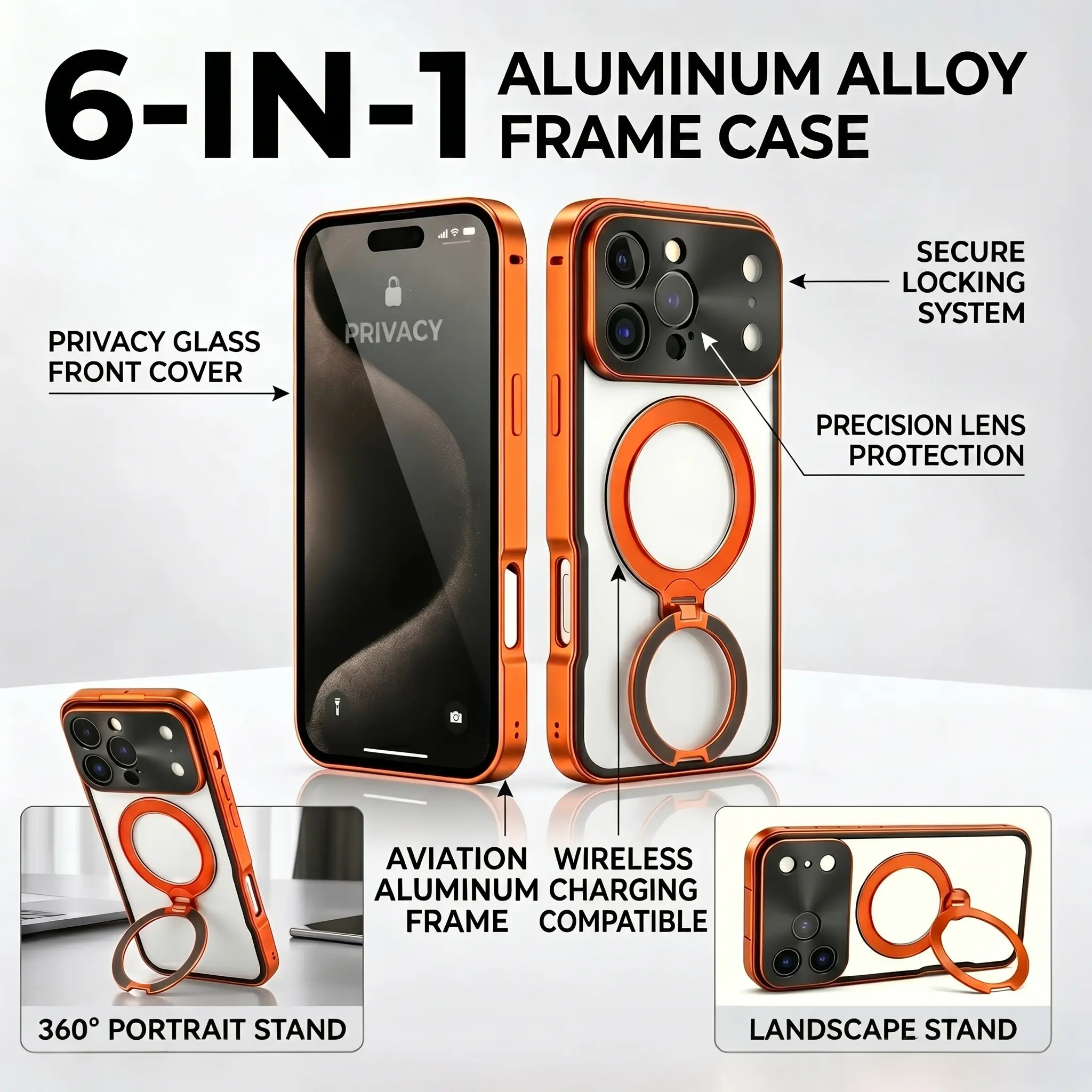 6-in-1 Phone Case Aluminum Alloy Frame for or iPhone 15/16/17 Pro Max | Metal Texture Anti-Peep Explosio Anti-Peep Explosion-Proof Drop Proof Scratch Resistant 360° Adjustable Stand MagSafe Compatible Buckle-Type  for Office Café, Accessories, Casing