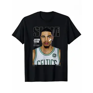Men's Short-Sleeve Crewneck Round Neck Top, 100% Cotton SLAM Cover Menswear Graphic Basketball Tee with Jayson Tatum Print, Casual Sport Style, S-3XL Sizes