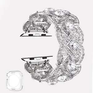 Luxury Rhinestone Decor Metal Watch Band with Clear Case, 1 Count Fashion Watch Band, Smart Watch Accessories, Wearable Accessories Compatible with iWatch 9 SE 8 7 6 5 4 3 2 1