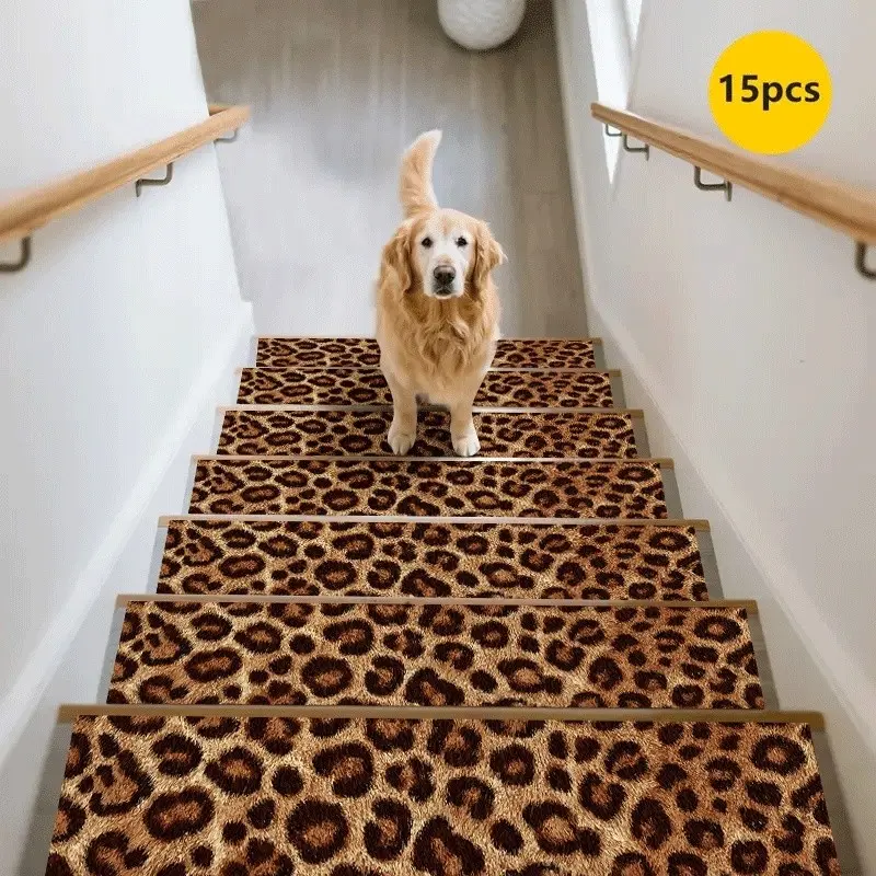 15pc Fashion Leopard Print Stair Mat, Non-Slip Durable Home Carpet, Creative Decorative Stair Rug, Stair Tread Rug, Soft Comfortable Anti-Slip Pad, Decoration Rug, Leopard Pattern