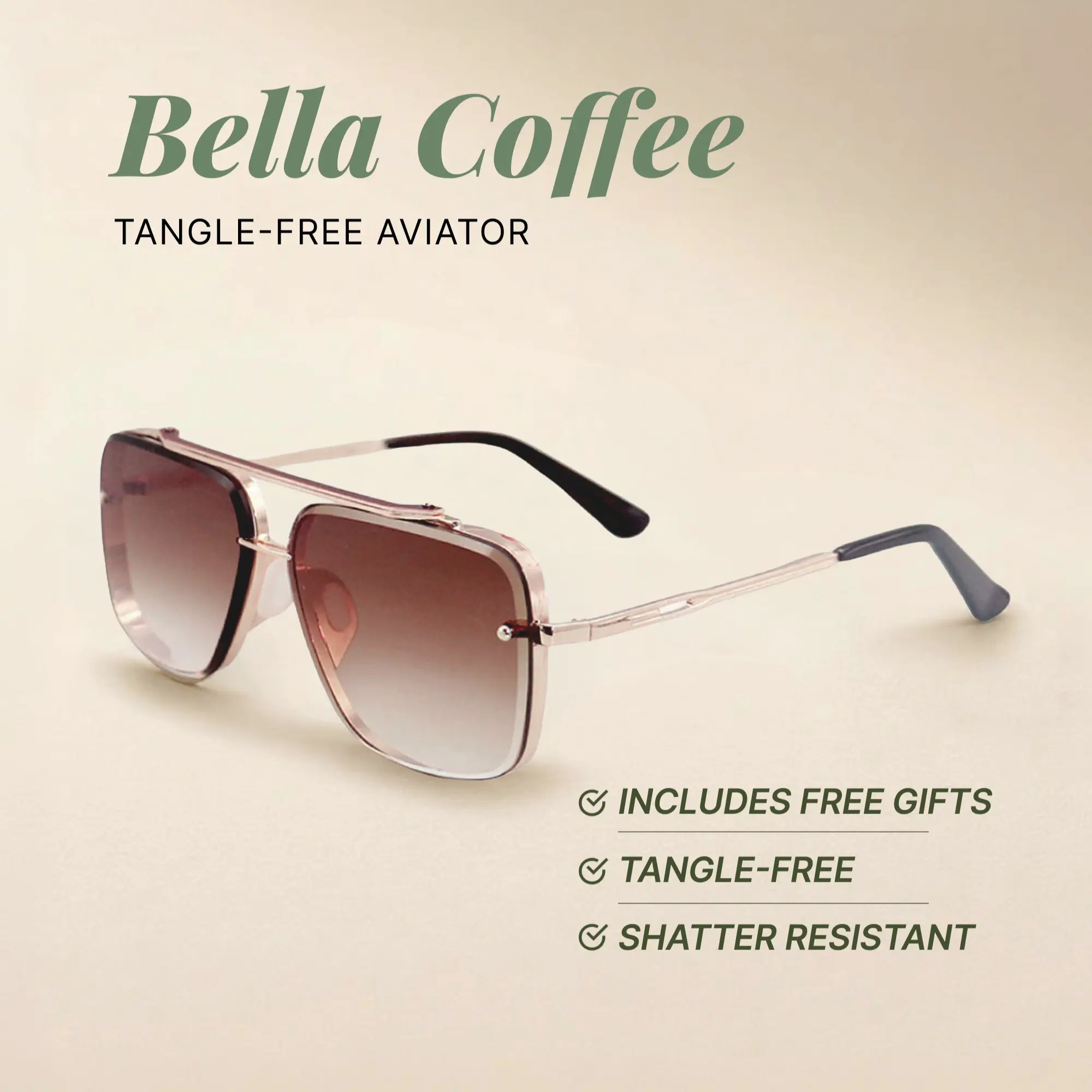 Smaller Bella - Coffee - Tangle Free Aviator Sunglasses - Certified Shatter-Resistant Lenses - UV400 - For Women & Men