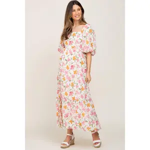 White Floral Puff Sleeve Maternity Maxi Dress