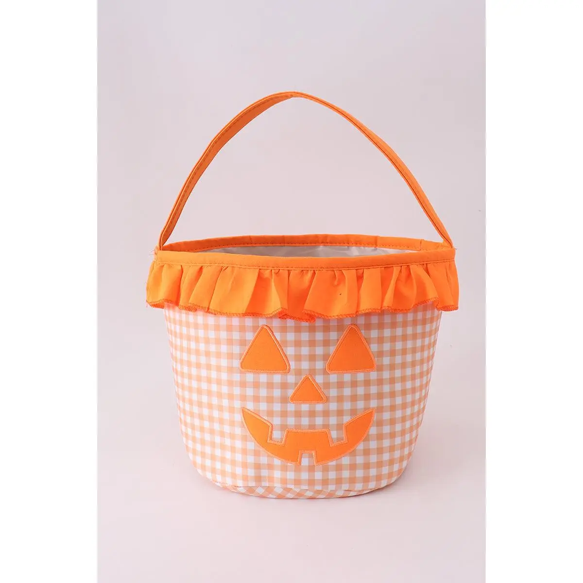 Orange Pumpkin Applique Gingham Ruffle Basket