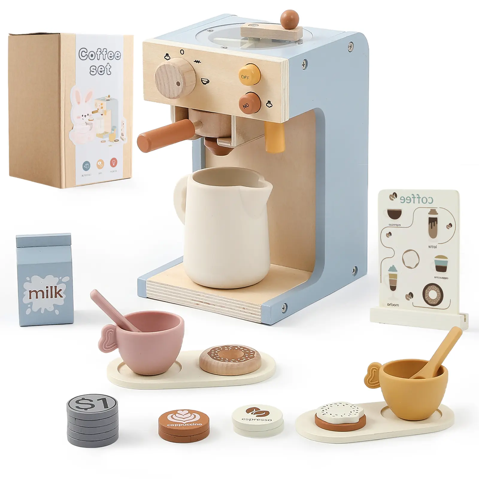 Montessori Wooden Coffee Maker Playset - Nontoxic Kid-Safe Montessori Kitchen Playsets, Toddler Play Kitchen Accessories, Natural Wood Pretend Play Toy for 2+ Year Olds, Ideal Birthday Gift, Nontoxic Kitchen Playsets