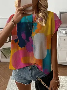 Summer Round Neck Short Sleeve Knit Top Blouse, Casual Summer Shirt, Colorful Art Print, Loose Fit, Casual Elegant Commuter, Bikini Cover-Up, Women's Clothing, Womenswear
