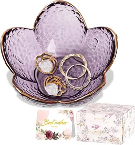 Purple Flower Jewelry Dish Glass Ring Holder Dish Jewelry Tray Cute Vanity Organizer Aesthetic Nightstand Bathroom Room Decor Trinket Dish Mothers Day Friendship Christmas Birthday Gifts for Women