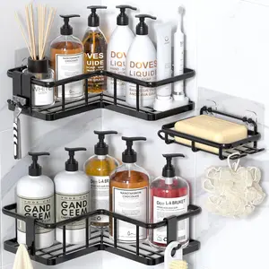 Corner Shower Caddy Organizer, 3-Pack Self-Adhesive Rustproof Bath Shelves with Soap Holder & 4 Hooks, Large Capacity Shower Storage Rack for Bathroom Organization, Black