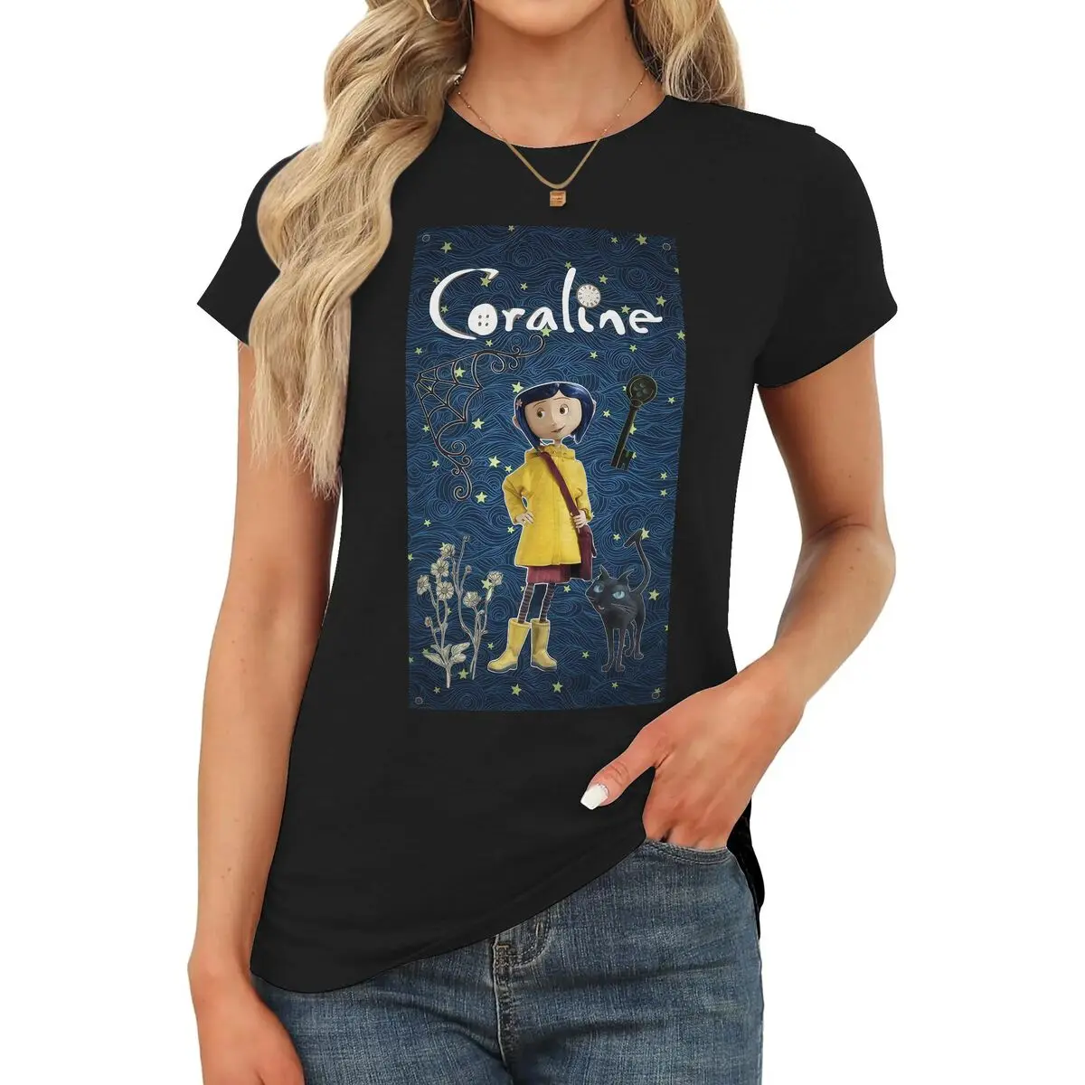 Women's Coraline Graphic Baby Tee, a Cute Shortsleeve Tshirt in a Slim Fit Cotton Blend with a Round Neck - Casual Style, Birthday Gift, Teacher, Thanksgiving, Lady, Easter, Party, Valentines Day, Graphic Print, Athletic