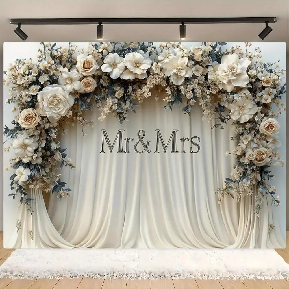 Flower Arch Design Wedding Decoration Banner, 1 Count Romantic Wedding Decoration Pull Flag, Photo Props Background Cloth for Birthday Party Wedding, Ornaments Floral Lightweight
