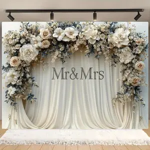 Flower Arch Design Wedding Decoration Banner, 1 Count Romantic Wedding Decoration Pull Flag, Photo Props Background Cloth for Birthday Party Wedding, Ornaments, Wedding Party Backdrop