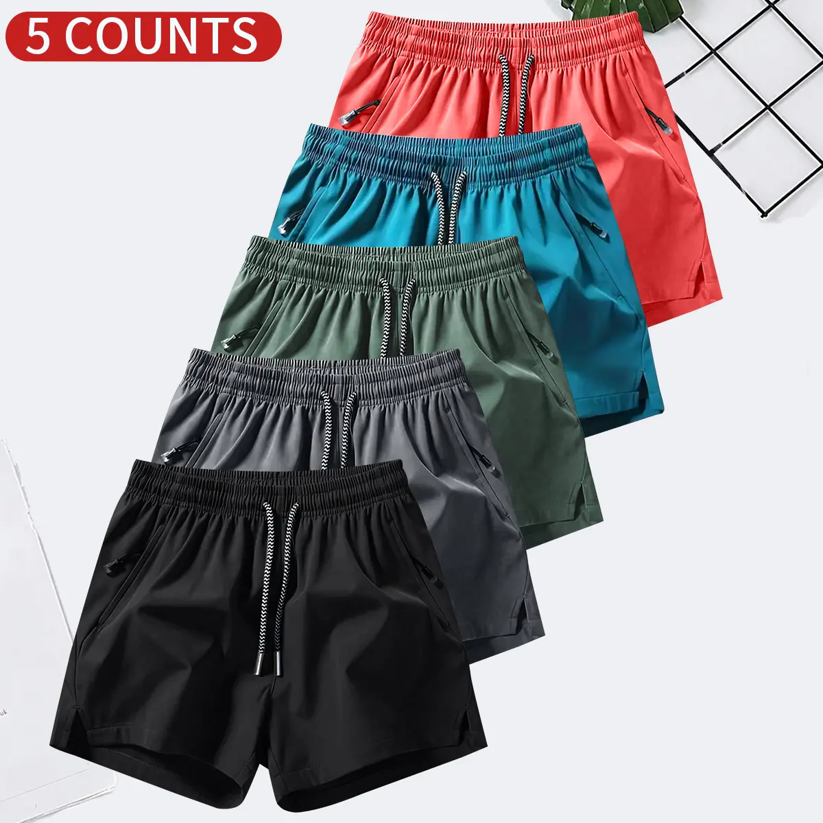 Men's Solid Color Casual Shorts Five-Piece Set, With Zipper Pockets, Summer Fashion Drawstring Sports Shorts, Suitable For Gym And Outdoor Wear Men's Solid Color Casual Shorts Five-Piece Set, With Zipper Pockets, Summer Fashion Drawstring Sports Shorts, Suitable For Gym And Outdoor Wear