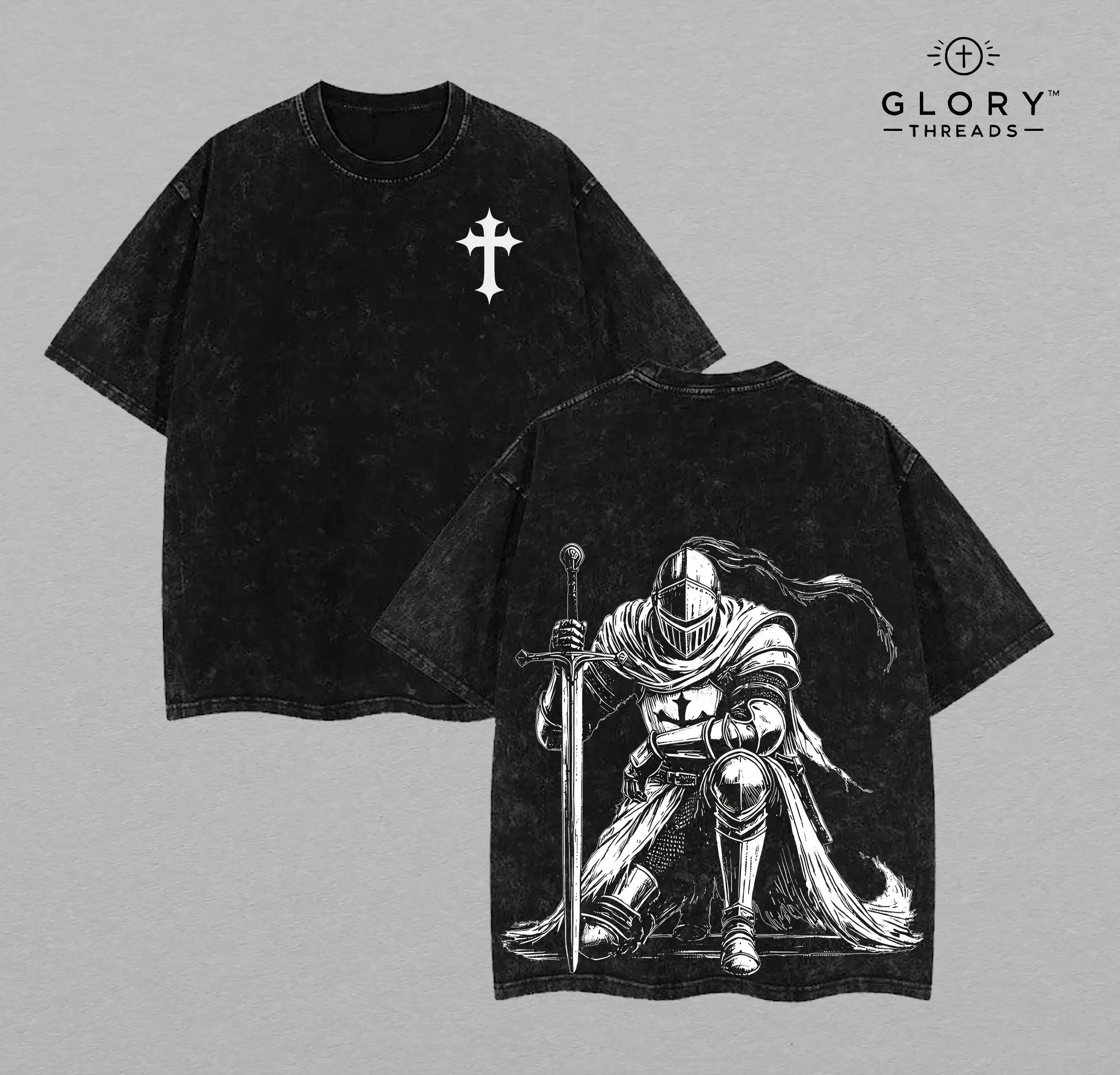Men's Crusader Knight Graphic T-Shirt, Oversized Vintage Gothic Streetwear Top, Heavyweight Cotton with Medieval Armor Print, Aesthetic, Tops