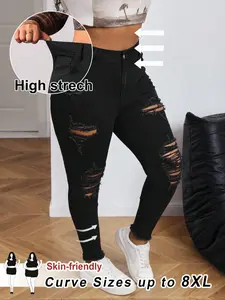 Women's Plus Size Fashion Summer New Denim Jean Ripped Design Fuzzy Hem High Elasticity Skinny Pants Trendy Long Trousers