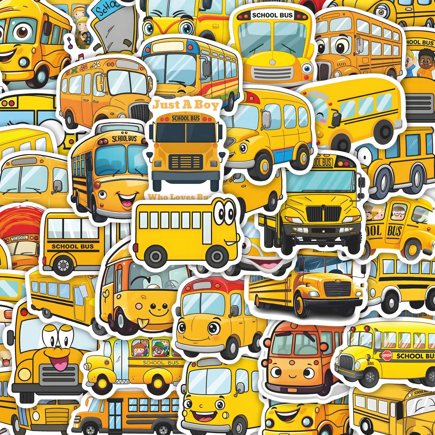 50Pcs Cute Cartoon School Bus Stickers Pack, Waterproof Kids Vehicle & Back to School Vinyl Decals for Laptop, Water Bottle, Journal & Scrapbook, Kids Gift