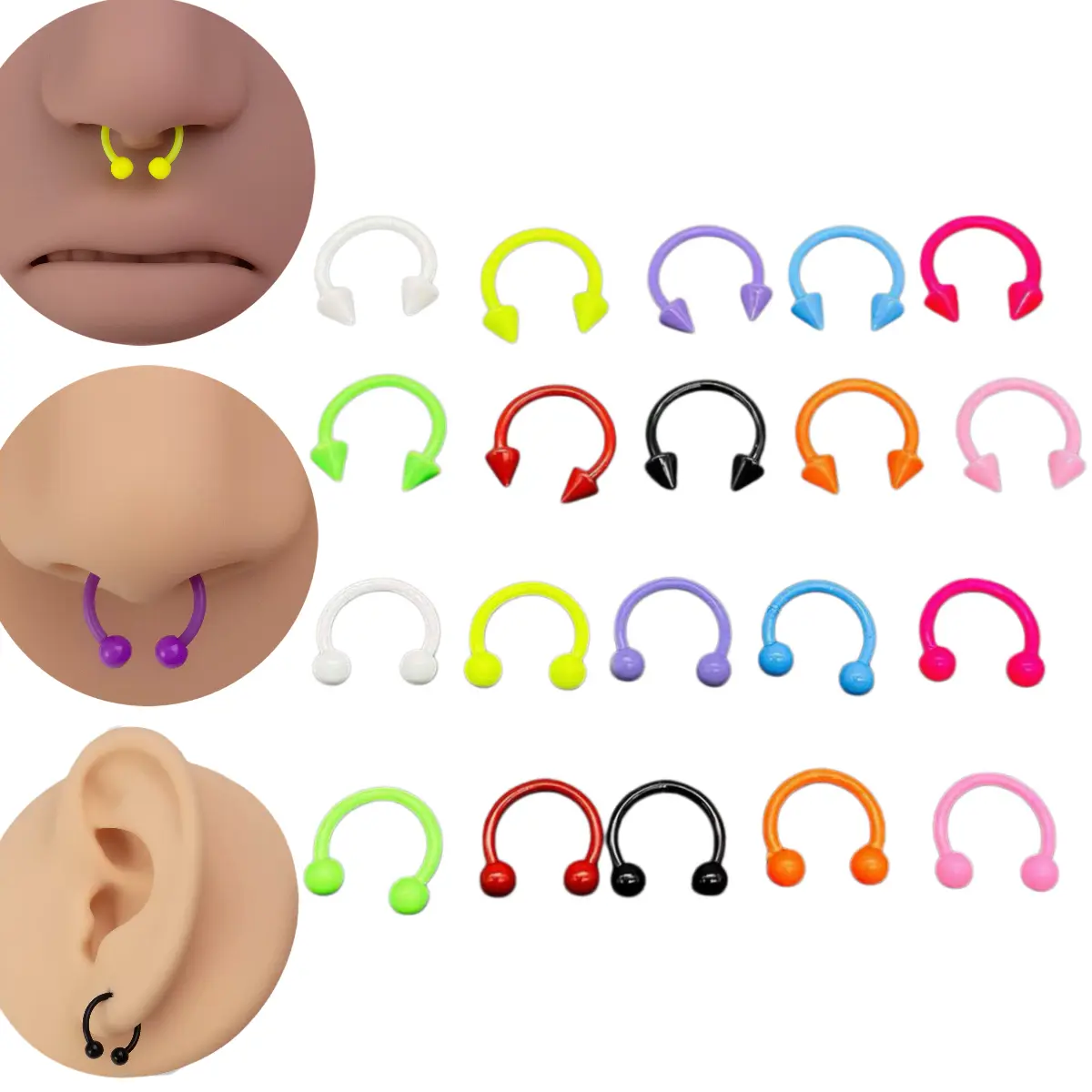 20pcs 16G 8mm Spike Ball Horseshoes Surgical Steel Lip Piercings Unisex Nose Septum Piercings Eyebrow Tragus Lip Daith Helix Jewelry