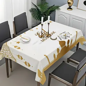1PC Large Ramadan Velvet Tablecloth with Gold Mosque and Lantern Print, Multi-Occasion Use, Ideal for Festivals, Dinners, Restaurant Decor, Picnics