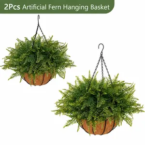 2PCS Fern Hanging Baskets - No Assembly Required, Ready-to-Use Fake Plants, UV-Resistant, Rainproof, Lush Full Decor for Porch Patio Balcony