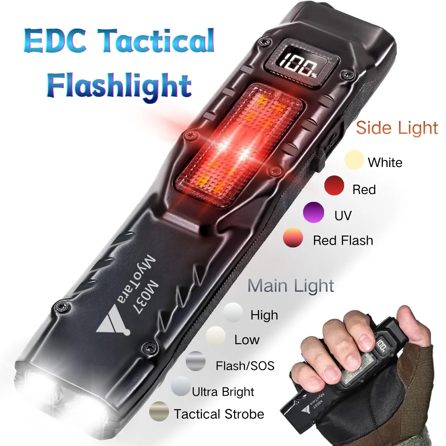 MyoTara Tactical EDC LED Light Flashlight - 1000 Lumens Brightness Rechargeable Flat Flashlight with Clip, Digital Display, Ultralight, Waterproof, Durable, Drop-Resistant, Scratch-Resistant - Ideal for Hiking, Emergency Kits, Men's Gifts