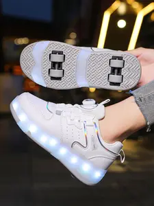 Unisex Kids Four-Wheel Multifunctional Roller Skates, New Wheel Shoes, Adjustable Rotating Buckle, PU Leather, LED Light, USB Charging, Four Wheel Design