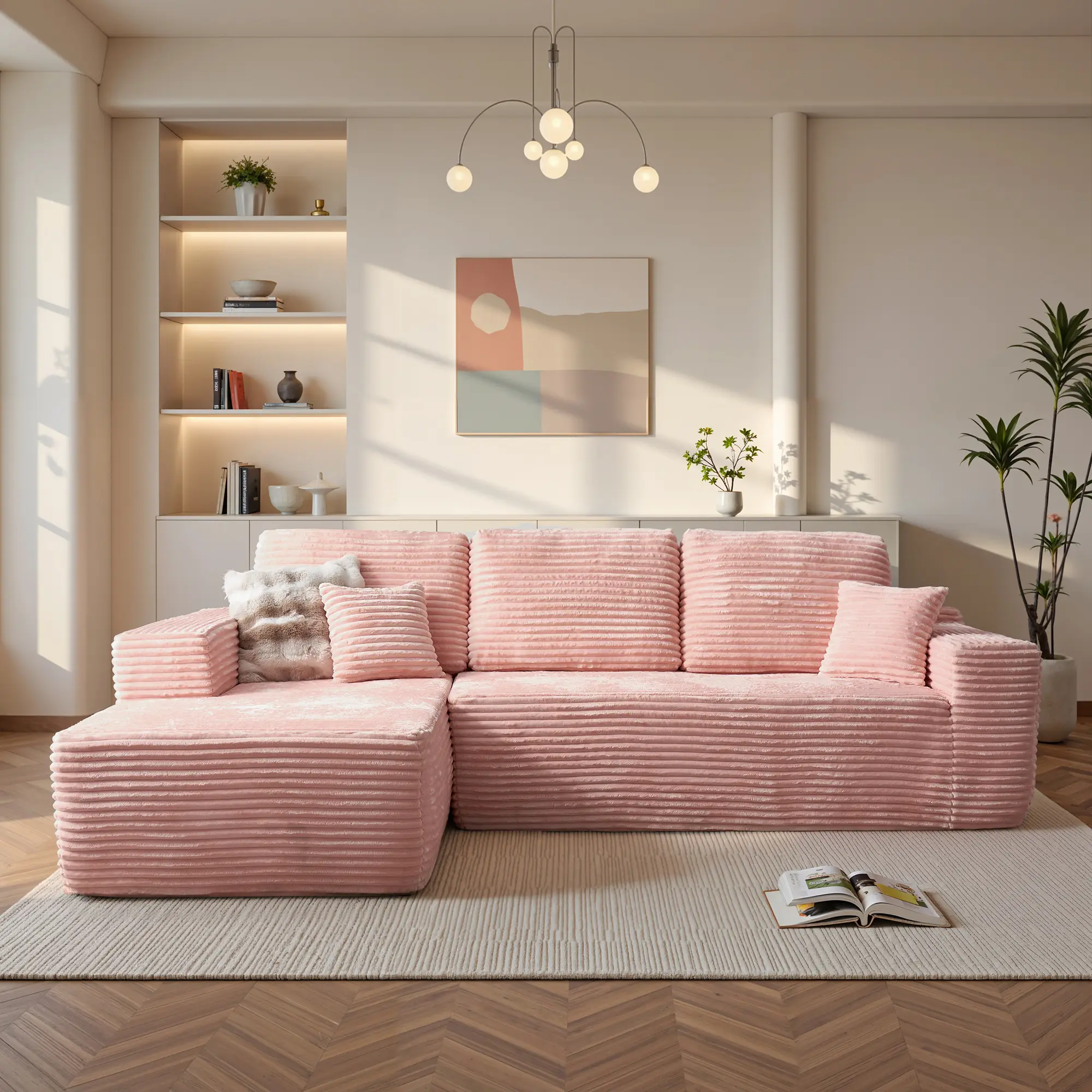 Pink Plush Corduroy Left Chaise