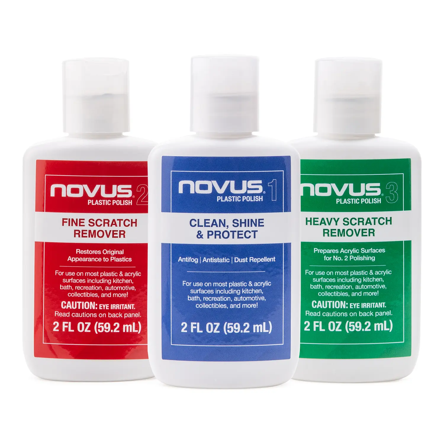NOVUS Scratch Remover Kit - 3-Step Fix Car Plastic Polish for Acrylic,Plexiglass,Cars/Motorcycles - Surface Cleaner,Fine&Heavy Scratch Repair,Glossy Finish with Anti-Static Ease - 2oz Bottles&Polish Mates