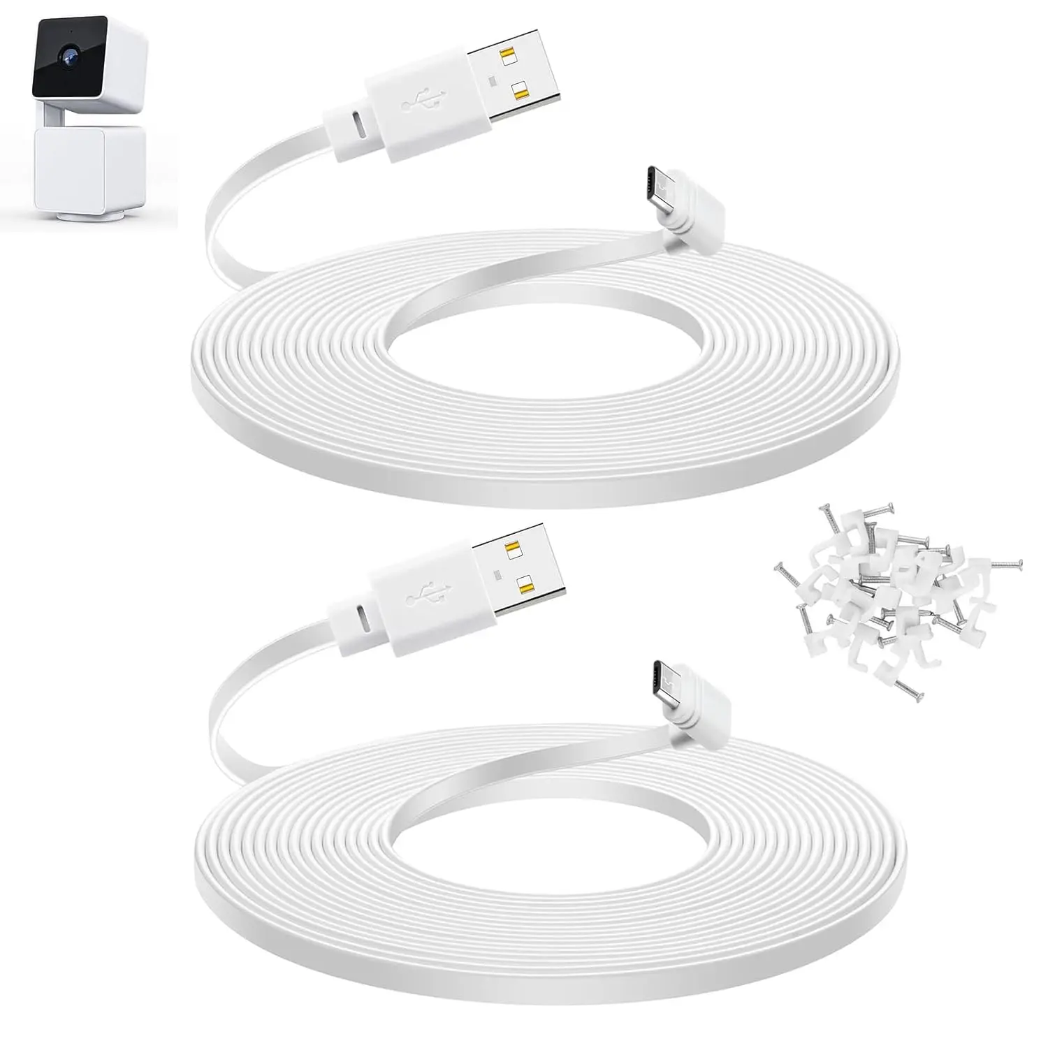 10 ft Cable for WYZE Cam Pan v3 Camera, Long Micro USB Flat Power Cord, 90 Degree 2-Pack, White - High Quality Connector Security