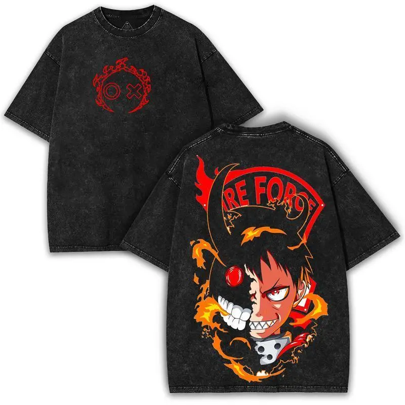 Men's Fire Force x Demon Appetite Washed Cotton T-Shirt - Streetwear Streetcore, Shortsleeve Round Neck, Distressed Fiery Expression, Festive Anime Grail Fit Menswear (Shipping & Returns Note Included), Casual, Vintage, Top