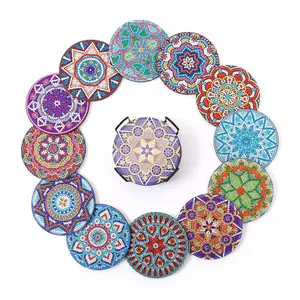 12 pieces/sets of round manda patterned artificial diamond painted coasters with LIDS, DIY crystal diamond painted wooden coasters with stands, suitable for adult office coffee MATS, family coasters, craft items and gifts, Diamond Painting Coasters