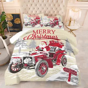 Christmas Quilt/Comforter Set (2/3 Pcs): Includes 1 Quilt/Comforter + 1/2 Pillowcases (No Filler), Santa Claus Pulling Sleigh, “Merry Christmas” Wreath, for Bedroom, Guesthouse, Christmas Party, Holiday Decoration, Decorative Bedding Set