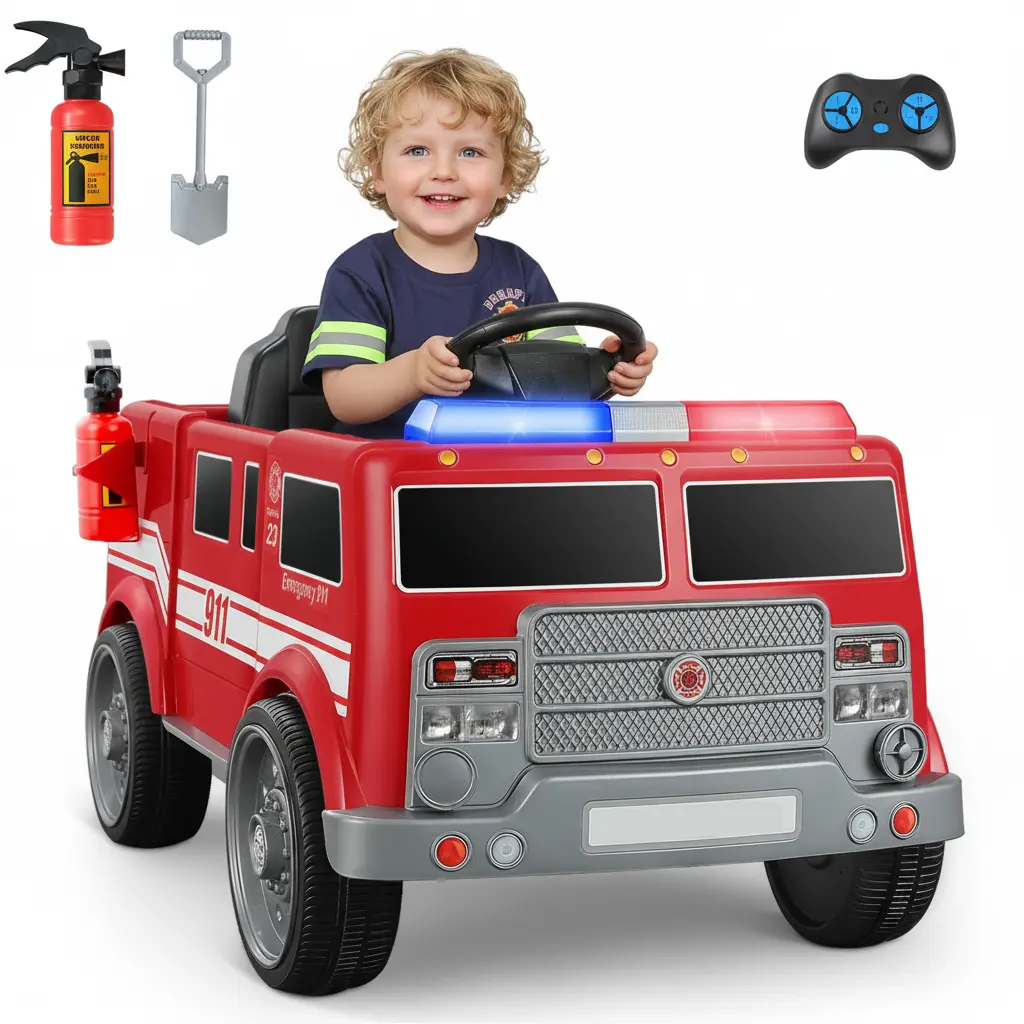 Dripex 12V Electric Fire Truck Ride-On Car for Kids Outdoor Play - Remote Control, Battery Powered Toddler Car with Siren, Walkie-Talkies, Flashing Lights, Bluetooth, Music - Ages 36+ Months