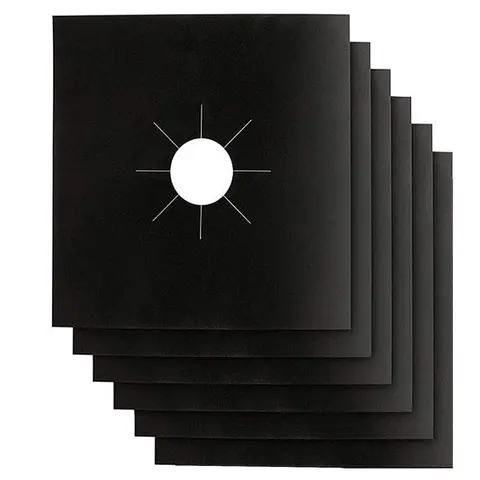 6-Piece 10.6x10.6 Inches Square PTFE-Teflon Coated Reusable Non-Stick Gas Range Covers, Adjustable Pre-Cut Center Hole Splash Protector Guard, Specialty Kitchen Utensil for Cleaner Burner Tops & Easy Grease Wiping