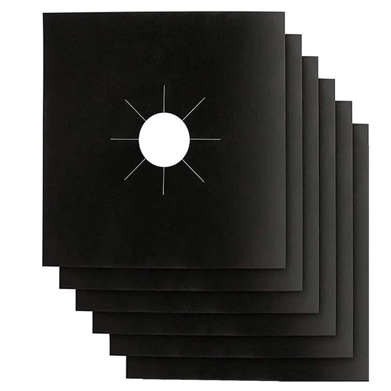 6-Piece 10.6x10.6 Inches Square PTFE-Teflon Coated Reusable Non-Stick Gas Range Covers, Adjustable Pre-Cut Center Hole Splash Protector Guard, Specialty Kitchen Utensil for Cleaner Burner Tops & Easy Grease Wiping