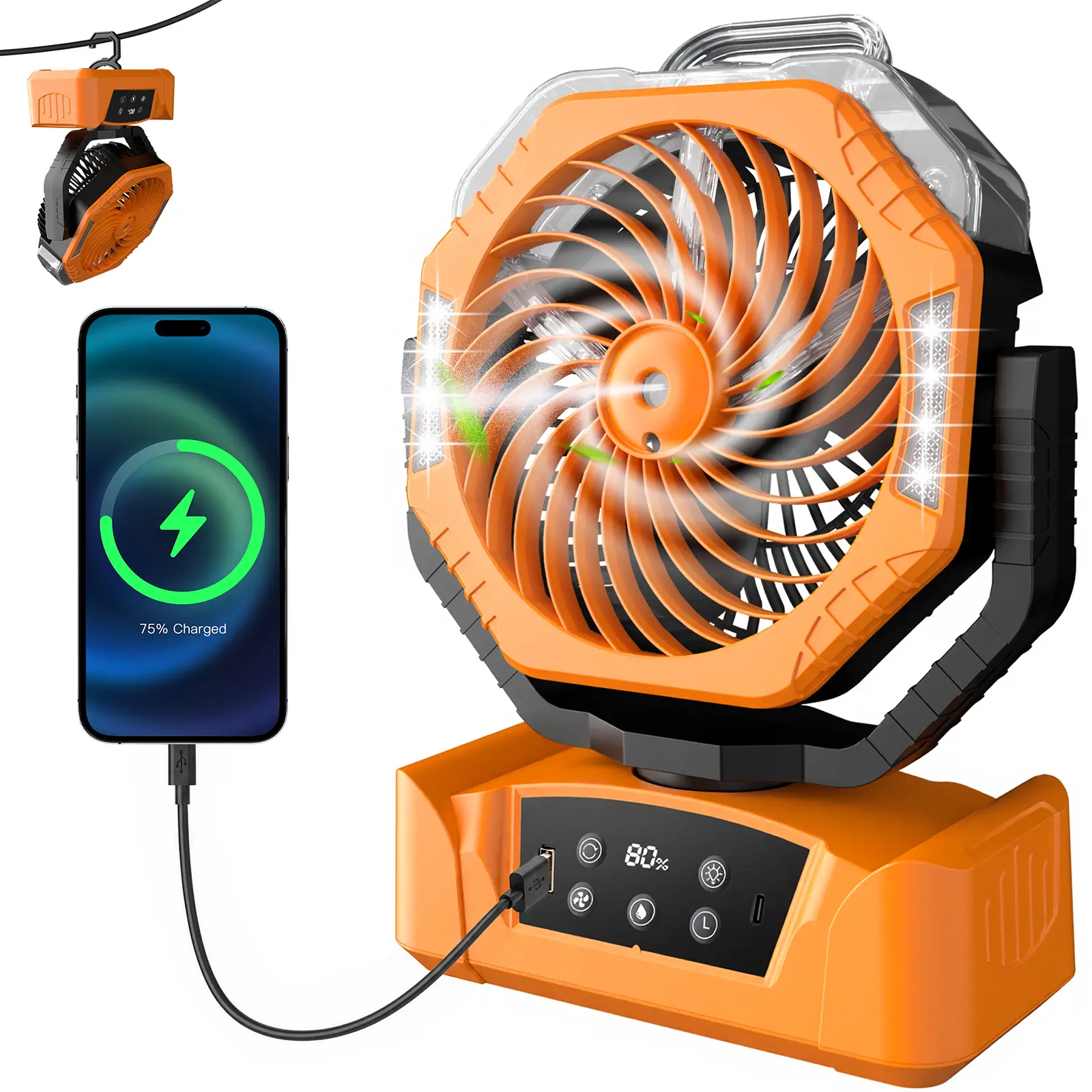 20000mAh Portable Camping Fan with Spray Humidification, 4 Speed Rechargeable Tent Fan with Remote, 270° Rotation, 3 Brightness Light, Timer Function, USB Power Bank for Outdoor Camping, Travel, Home Office