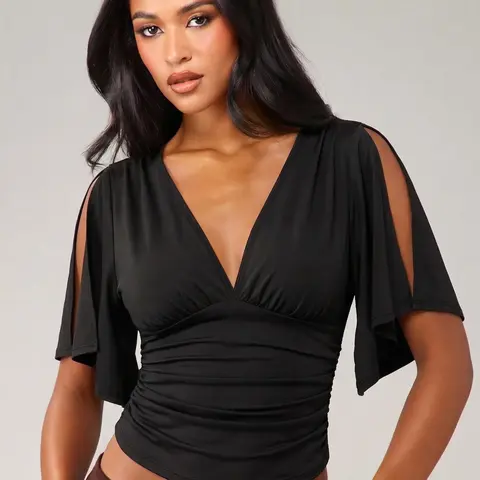 European Style Deep V Backless Top Shirt Flutter Sleeve Top, Pleated Waist Pure Desire Short Tee, Daily Commute, Date Night, Street Fashion, Casual Chic Top, Casual Classy Elegant, Womenswear