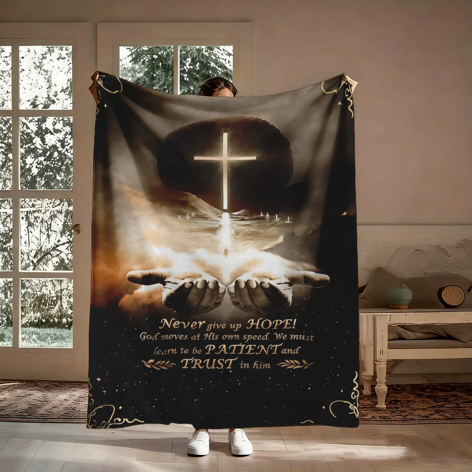 Never Give Up Hope Flannel Throw Blanket, Trust God Be Patient Glowing Cross Open Hands Pattern Soft Warm Cozy Nap Blanket for Couch Bed Sofa, Christian Inspirational Gift for Him Her Believer, Birthday Christmas Holiday Thanksgiving Gift