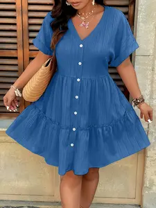 Plus Size V Neck Textured a Line Dress with Hollow Shoulders, Flared Hem for Summer, Women's Casual Sun Dress for Every Occasion